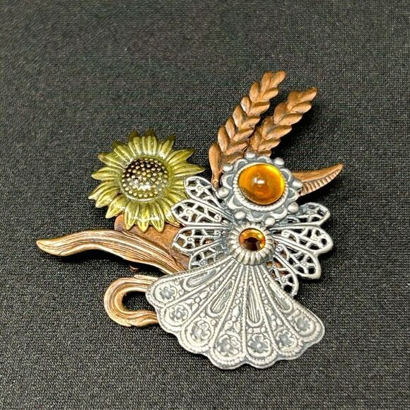 Designer KC Kenneth Cole Mixed Metal Brass Copper Fall Modernist Pin Brooch - Picture 5 of 7